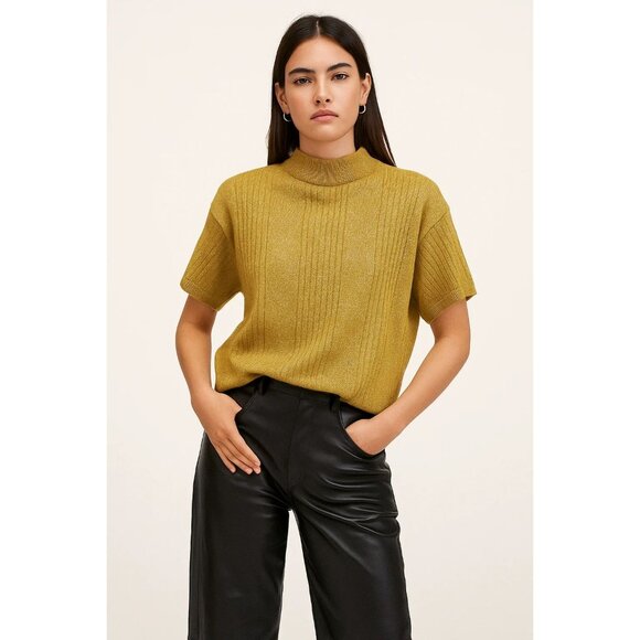 Vintage Norton McNaughton Gold Metallic Knit Short Sleeve Mock Neck Sweater MED - Picture 1 of 6